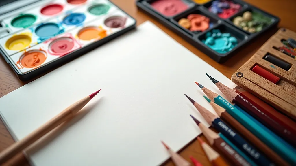 Close-up of high-quality art supplies including premium colored pencils, watercolor paints, and professional brushes