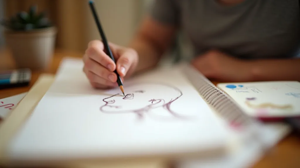 Close-up view of sketching in progress with pencil and paper