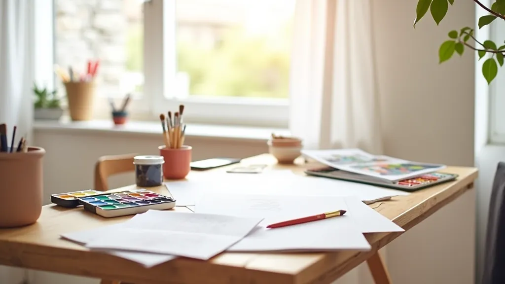 Creative workspace with art supplies