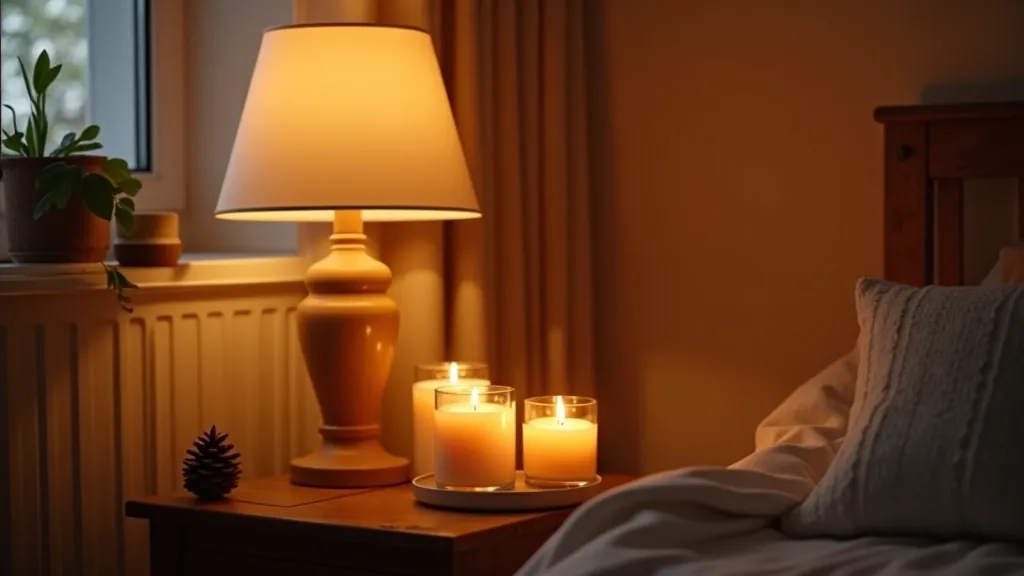 Cozy living room corner with multiple light sources: warm desk lamp, table lamp with cream shade, and group of burning candles creating layered ambient lighting
