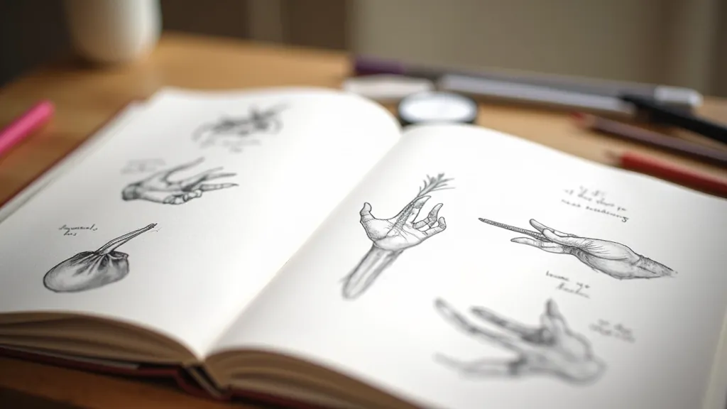 Open sketchbook with pencil sketches of objects, hands, and botanical drawings with shading techniques