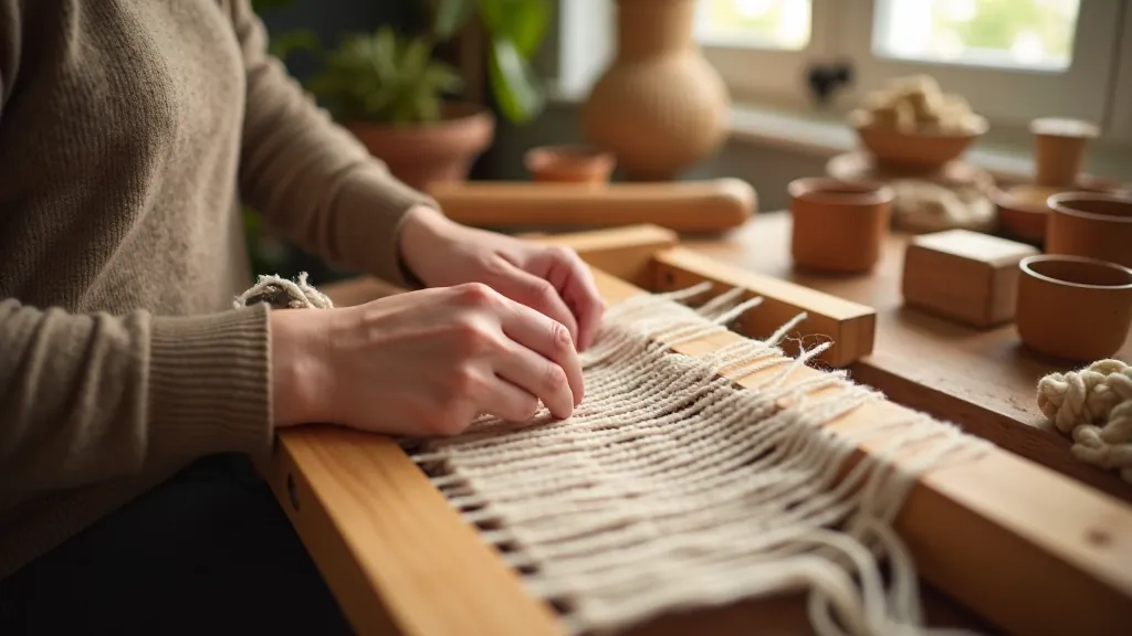 Hands working on a simple wooden loom with natural fiber yarn