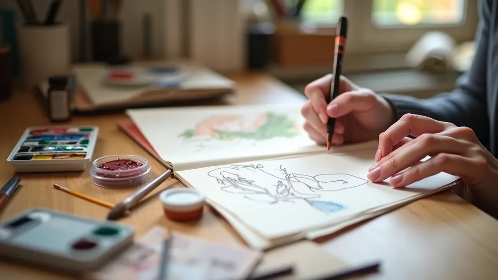 Artist's hands working on art journal with watercolor paints and sketchbook