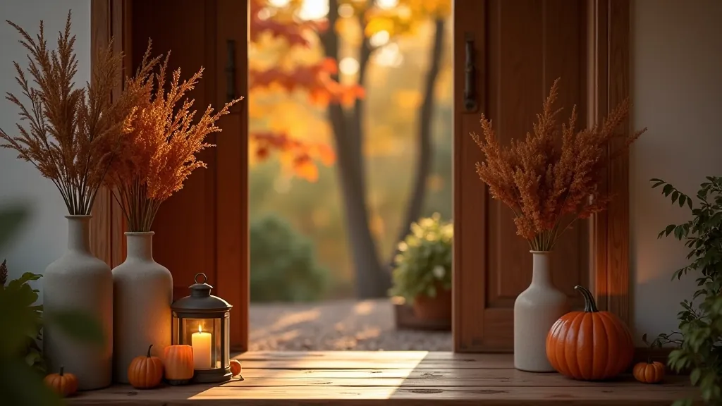 Home entryway decorated with autumn leaves, candles, and warm lighting