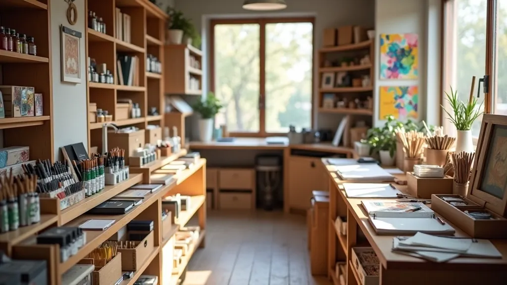 Art supply store shelves with organized paint sets, brushes in containers, and sketchbooks displayed