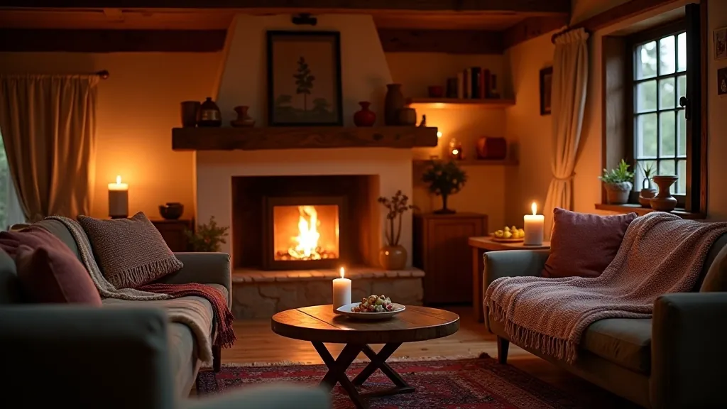 Cozy Latvian living room with warm candlelight, wooden furniture, and handmade textiles creating a comfortable atmosphere
