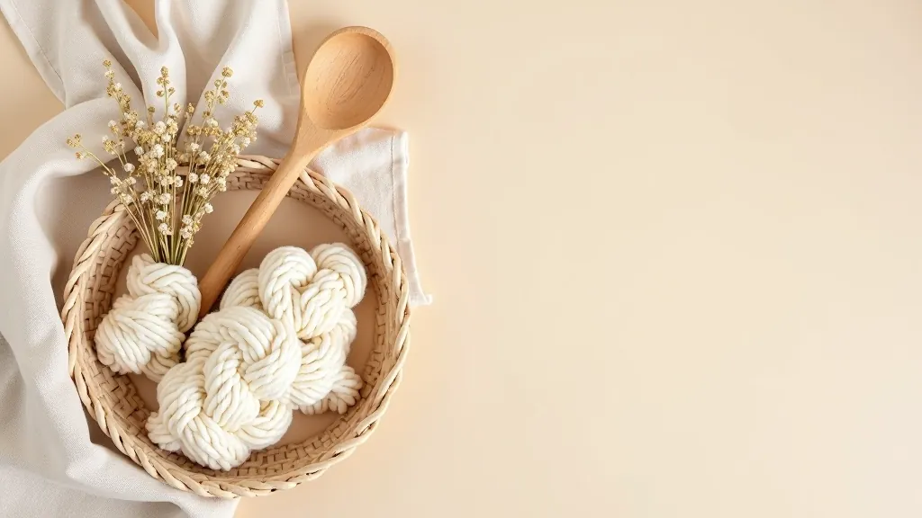 Flat lay of natural materials: knitted wool, wooden spoon, woven basket, dried flowers, linen fabric on neutral background