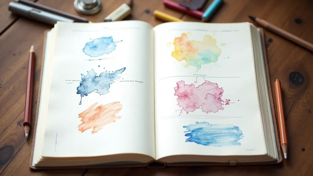 Multiple journal pages spread out showing varied artistic styles, color combinations, and mixed media techniques