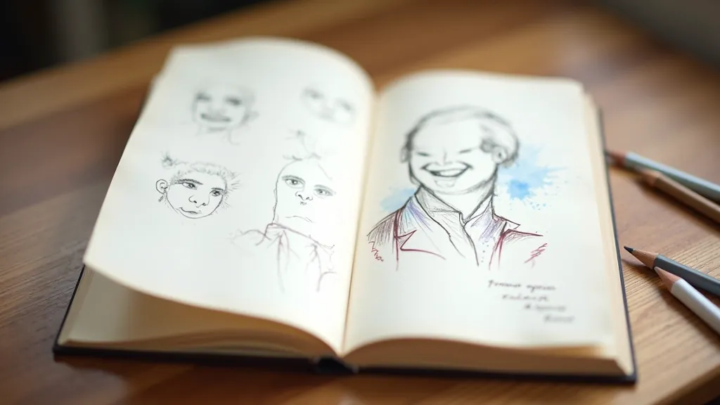 Sketchbook open to page with mixed pencil drawings, handwritten notes, and watercolor washes