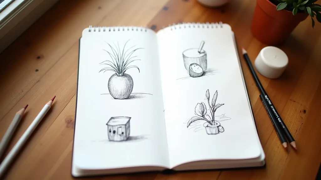 Open sketchbook on wooden desk with multiple pencil studies of everyday objects like fruits and containers