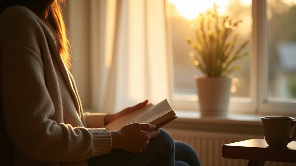 Person sitting by window with tea cup and open book, soft afternoon light, wooden chair, simple interior with plants