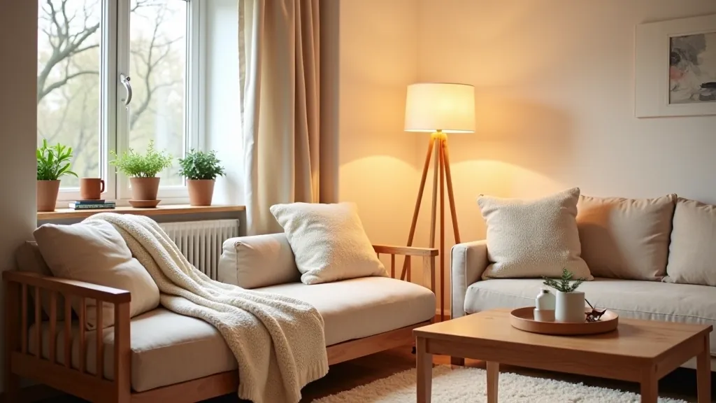 Cozy Latvian living room with warm lighting and natural textiles