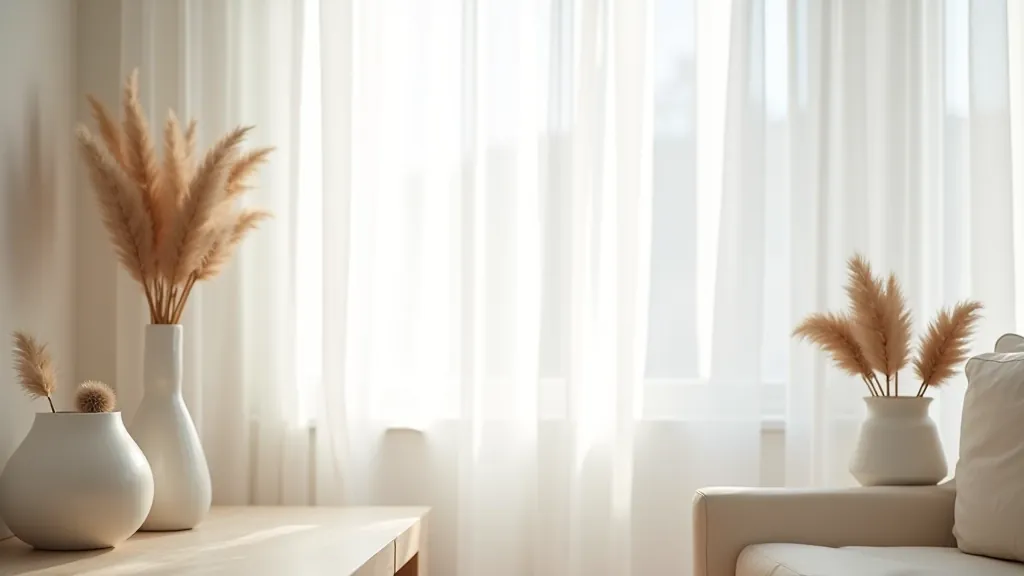 Summer living room with light curtains open wide, dried grass arrangements, pale color palette, and minimal textiles for airy feel