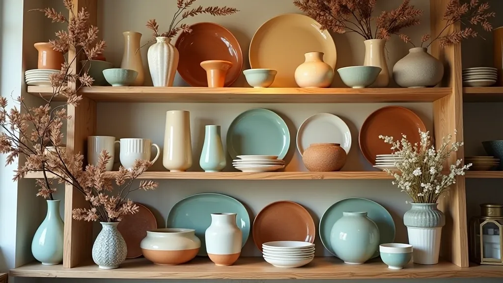 Shelves filled with vintage ceramics, glassware, and home goods in a thrift store