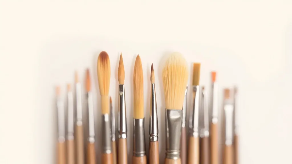 Array of different watercolor brushes displayed showing various sizes and shapes used for different painting techniques