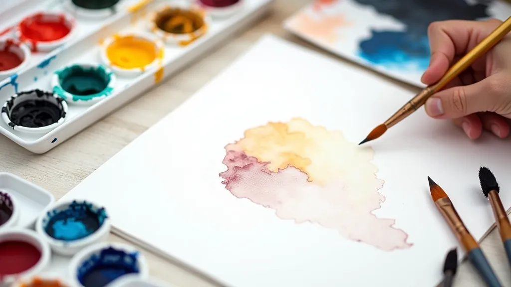 Watercolor palette with vibrant colors and wet brushes on white paper with paint strokes