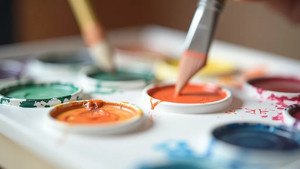 Palette showing color mixing technique with watercolor paints and a brush blending two colors together