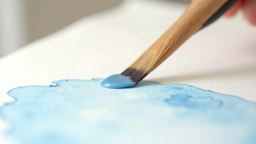 Close-up of wet watercolor paper with water droplets and a loaded brush demonstrating proper moisture levels