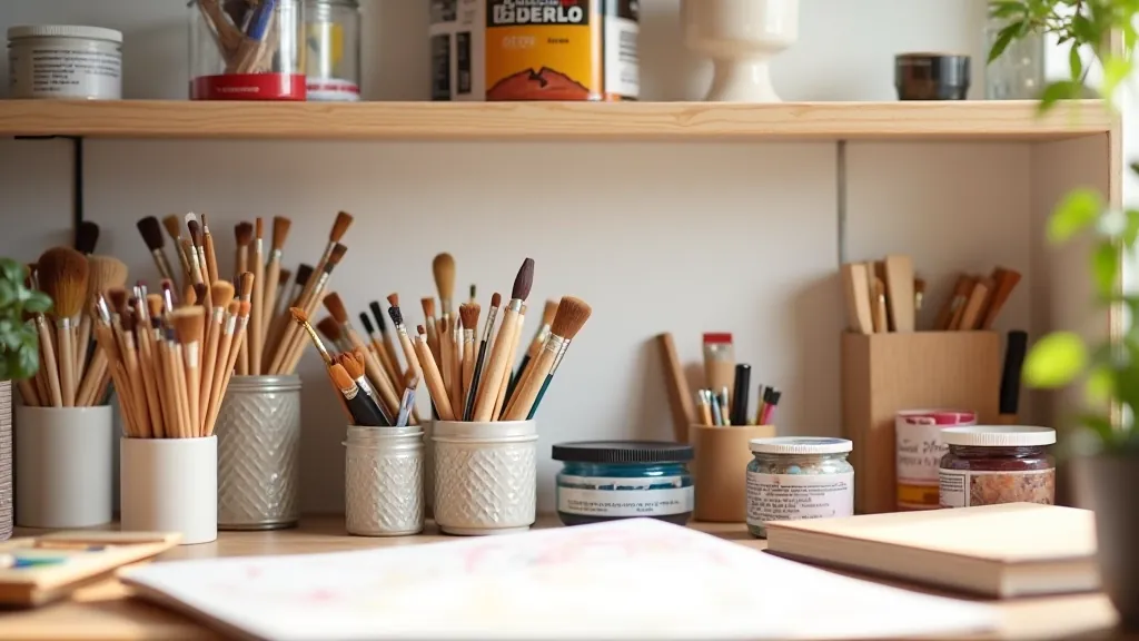 Well-organized art supplies and materials displayed in a shop setting
