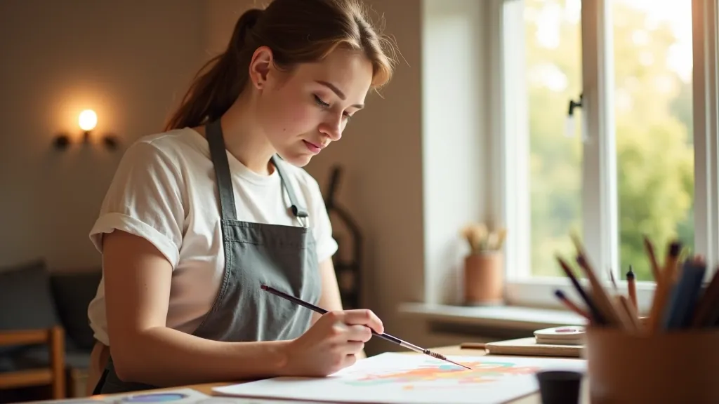 Artist working on watercolor painting at home studio setup with natural light